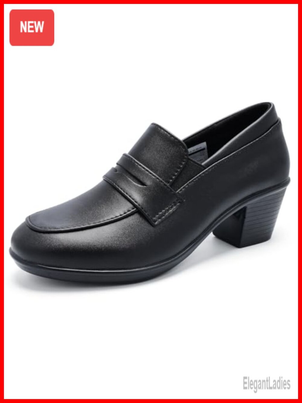 Women's Leather Low Heel Loafers Slip-On Chunky Block Comfort Pumps for Work